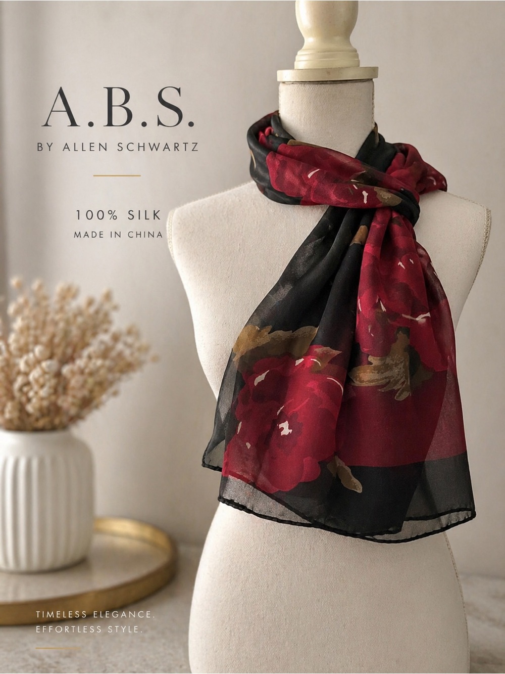 A.B.S. Allen Schwartz 100% Silk Square Scarf Burgundy Floral Luxe